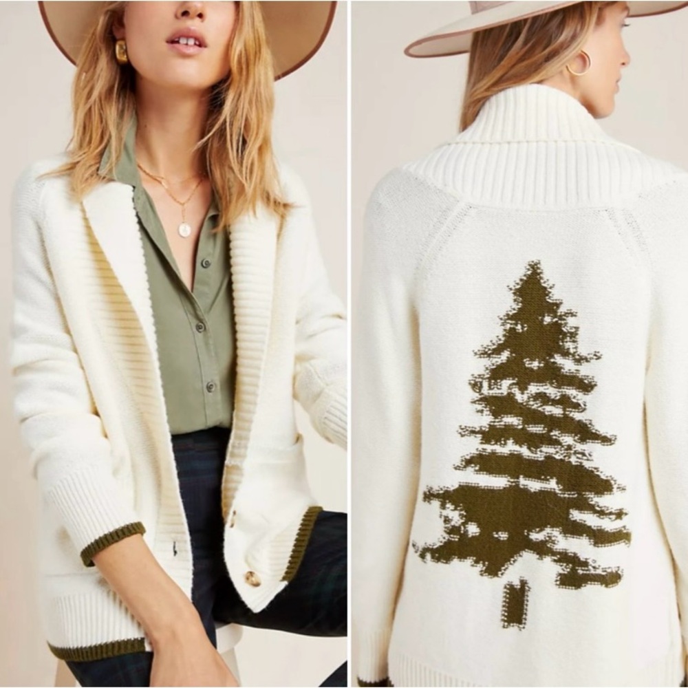 ANTHRO 🌲 Evergreen Tree Cardigan Knit Sweater Anthropologie